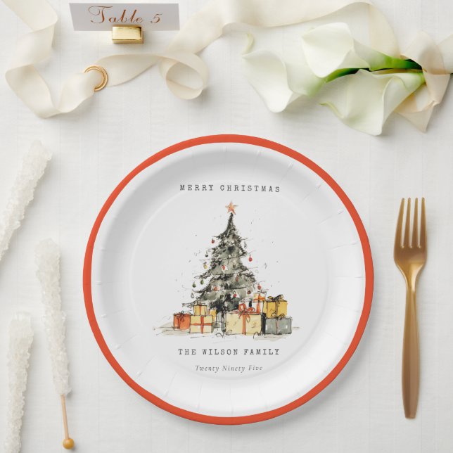 Modern Sketchy Holiday Christmas Tree Gifts Photo Paper Plate (Wedding)
