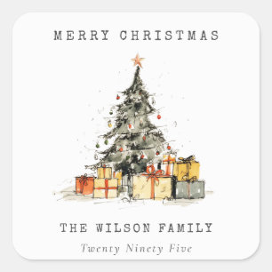 Modern Sketchy Holiday Christmas Tree Gifts Photo Square Sticker