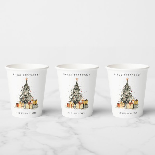 Modern Sketchy Holiday Christmas Tree Watercolor Paper Cups (Multi)