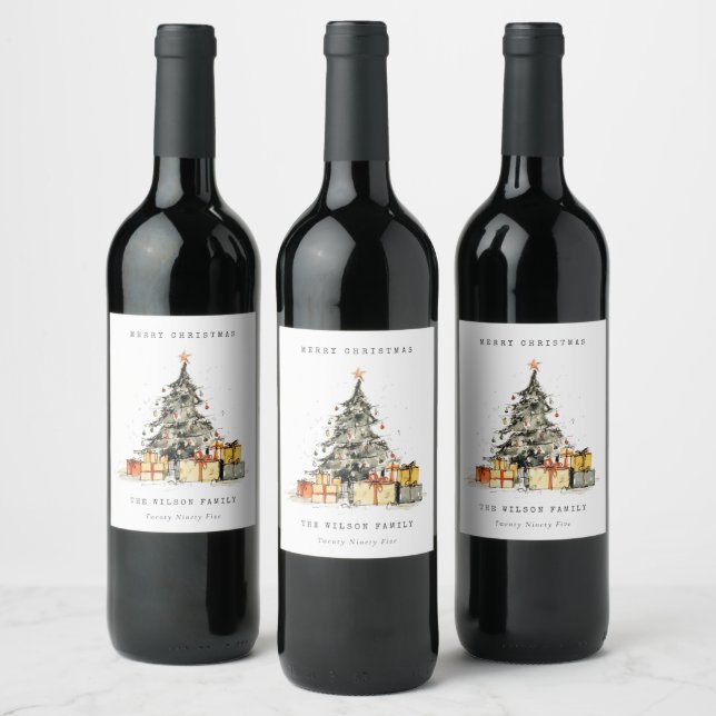 Modern Sketchy Holiday Christmas Tree Watercolor Wine Label (Bottles)