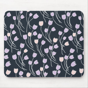 Modern Sketchy Tulips Pattern Midnight Garden Mouse Mat