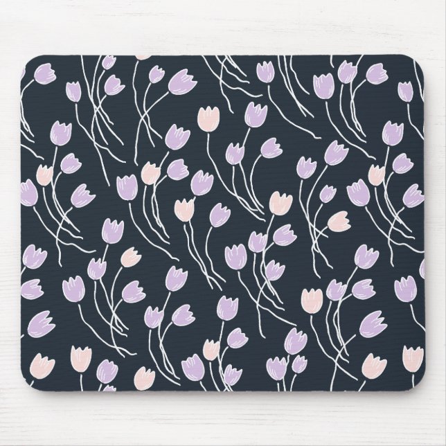 Modern Sketchy Tulips Pattern | Midnight Garden Mouse Mat (Front)