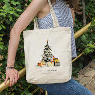 Modern Sketchy Watercolor Christmas Tree Gifts Tote Bag