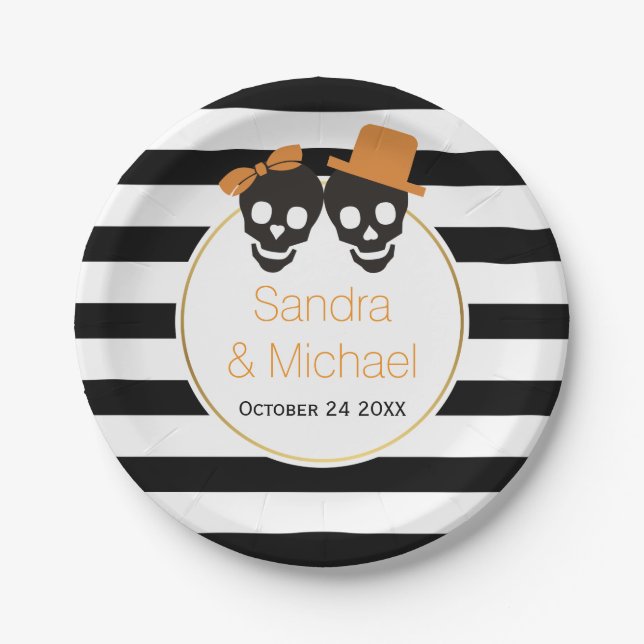 Modern skulls and stripes Halloween wedding Paper Plate (Front)