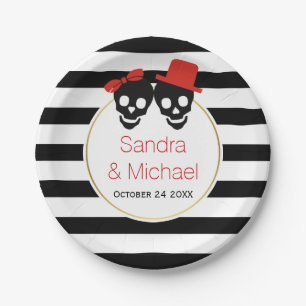 Modern skulls and stripes red Halloween wedding Paper Plate