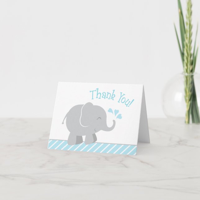 Modern Sky Blue and Grey Elephant Boy Baby Shower Thank You Card (Front)