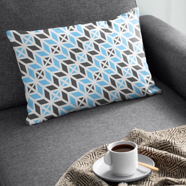 Modern Sky Blue Dark Gray Geometric Herringbone Lumbar Cushion (Creator Uploaded)