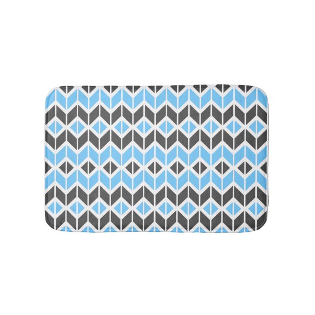Modern Sky Blue Dark Grey Geometric Herringbone Bath Mat (Front)