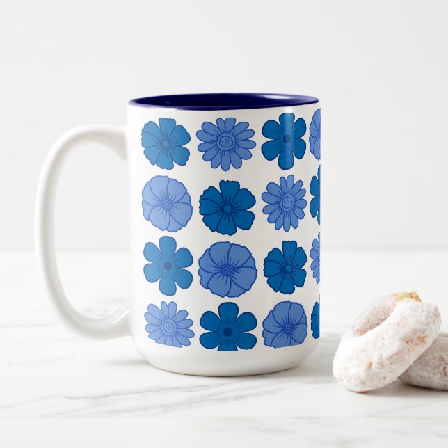 Modern Sky Blue Flowers Two-Tone Coffee Mug (With Donut)