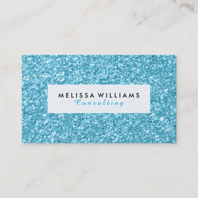 Modern Sky-Blue Glitter Texture White & Black Business Card (Front)