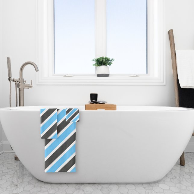 Modern Sky Blue Grey Diagonal Stripes Bath Towel Set (Creator Uploaded)