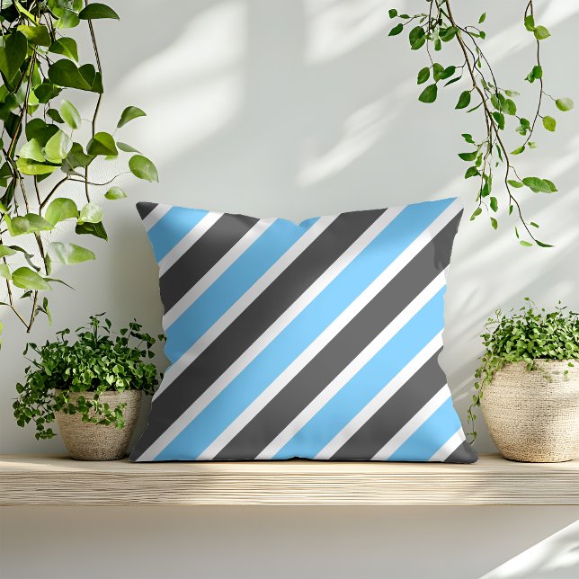 Modern Sky Blue Grey Diagonal Stripes Cushion (Creator Uploaded)
