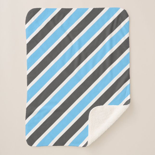 Modern Sky Blue Grey Diagonal Stripes Sherpa Blanket (Front)