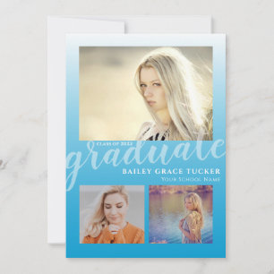 Modern Sky Blue Ombre Graduate 3-photo Graduation Announcement