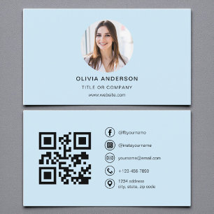 Modern Sky Blue Photo with QR Code Social Media Business Card