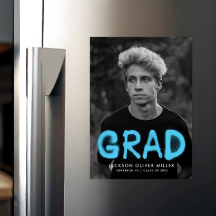 Modern Sky Blue Spray Paint Photo Graduation Magnetic Invitation