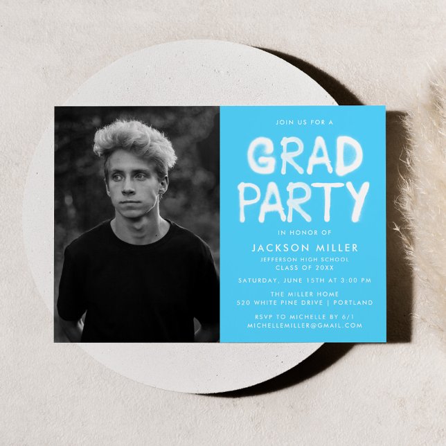 Modern Sky Blue Spray Paint Photo Graduation Party Invitation (Creator Uploaded)