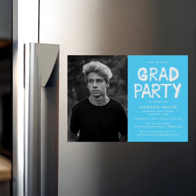 Modern Sky Blue Spray Paint Photo Graduation Party Magnetic Invitation (Creator Uploaded)