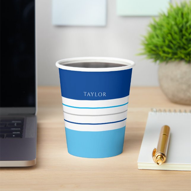 Modern Sky Blue Stripes With Name Paper Cups (Insitu)