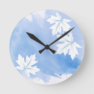 Modern sky blue watercolor maple leaves round clock