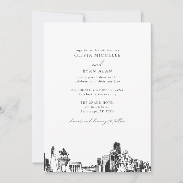 Modern Skyline Black & White Houston Wedding Invitation (Front)