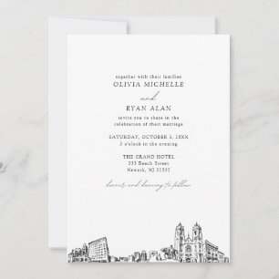Modern Skyline Black & White Newark Wedding Invitation