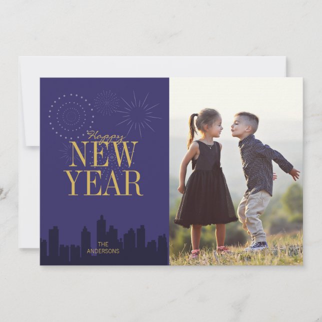 Modern Skyline Happy New Year's Photo Card (Front)