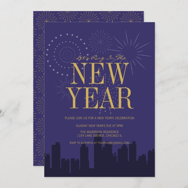 Modern Skyline New Year's Eve Party Card (Front/Back)