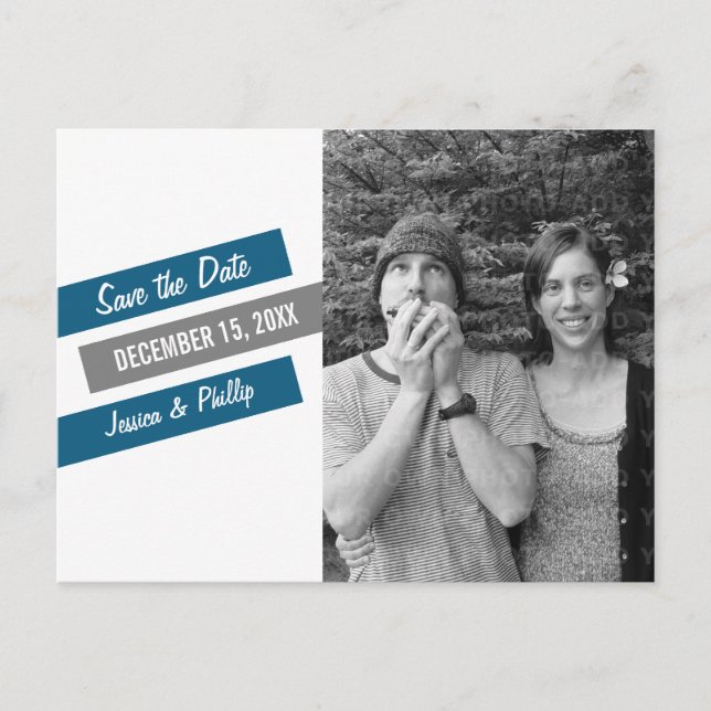 Modern Slant Save the Date Postcard (Blue/Grey) (Front)