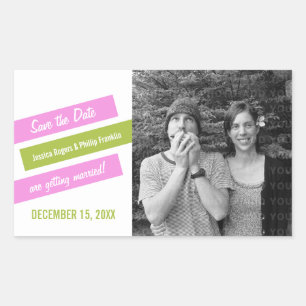 Modern Slant Save the Date Stickers (Pink/Green)