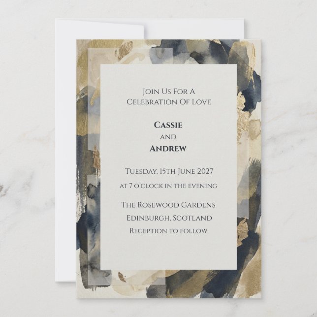 Modern Slate Blue Gold Wedding Invitation (Front)