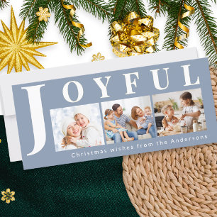 Modern Slate Blue Joyful Multi Photo Christmas Holiday Card