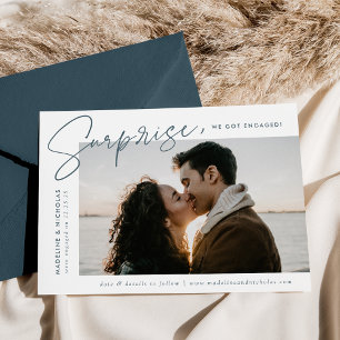 Modern Slate Blue Script Surprise Photo Engagement Announcement