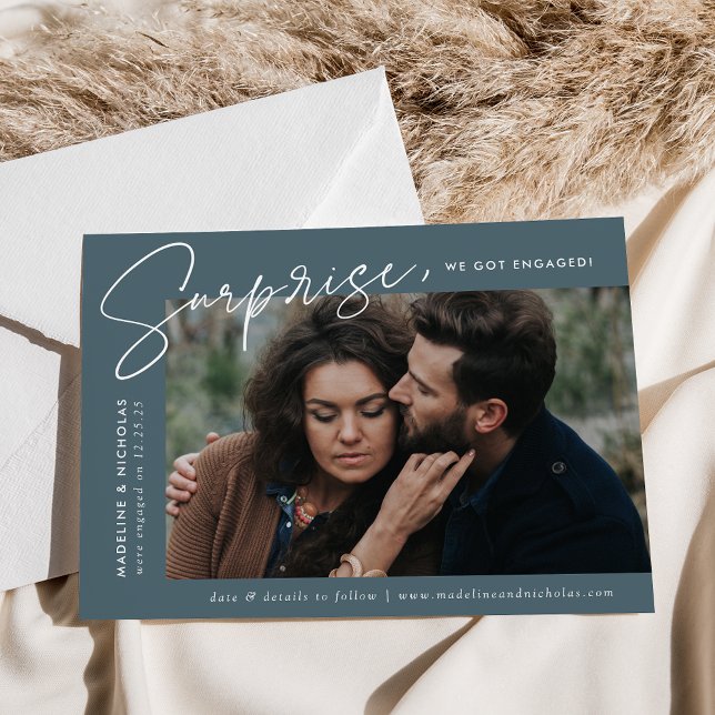 Modern Slate Blue Surprise Photo Engagement Announcement (Creator Uploaded)