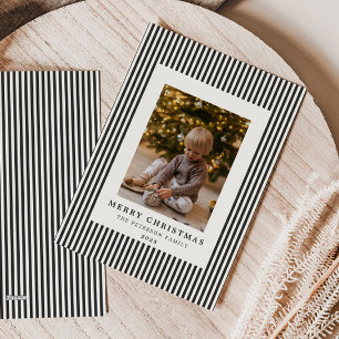 Modern Slate Grey Pinstripe Christmas Family Photo Holiday Card