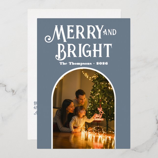 Modern Slate Grey & Silver Christmas Photo Foil Holiday Card (Front/Back)