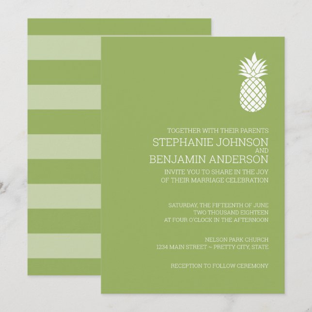 Modern Slate Stripes Pineapple Wedding green Invitation (Front/Back)