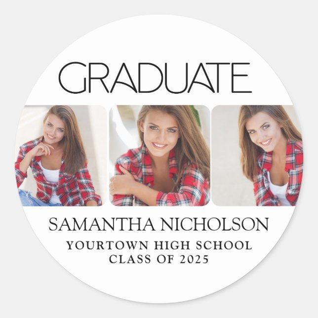 Modern Sleek 3-Photo Graduation Classic Round Sticker (Front)