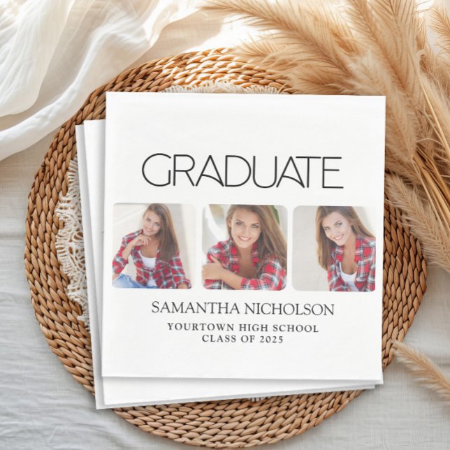 Modern Sleek 3-Photo Graduation Napkin (Modern white 3 photo graduation party paper napkins)