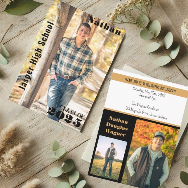 Modern Sleek Black Gold Graduation Photo Name Invitation (Creator Uploaded)