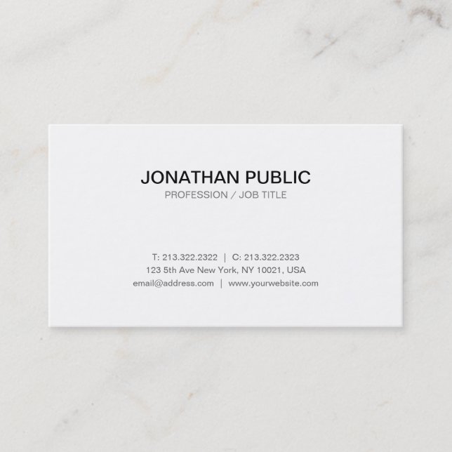 Modern Sleek Chic Stylish Plain White Professional Business Card (Front)