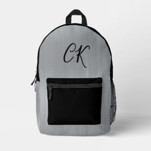 Modern Sleek Grey Silver Personalised Initials Printed Backpack