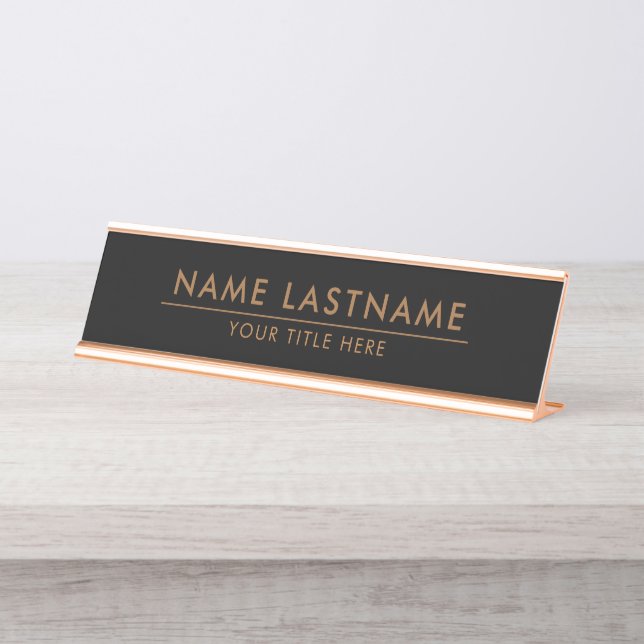 Modern Sleek Minimalist Black Copper Name Title Desk Name Plate (Front)
