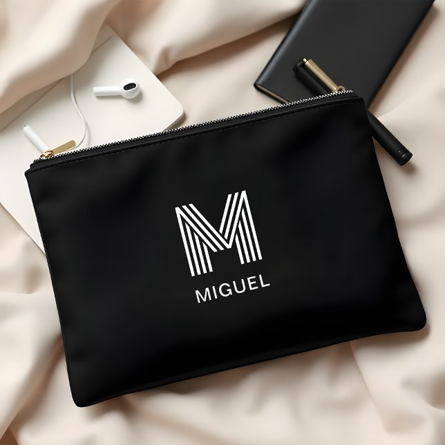 Modern Sleek Monogram Simple Black  Accessory Pouch (Creator Uploaded)