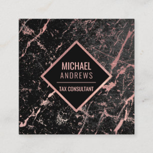 Modern Sleek Rose Gold Foil Black Marble Stone Square Business Card