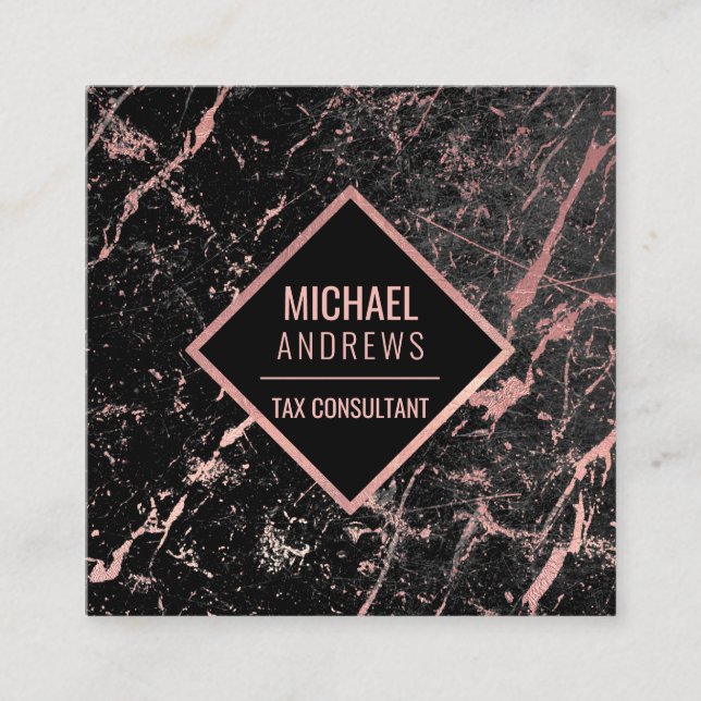 Modern Sleek Rose Gold Foil Black Marble Stone Square Business Card (Front)