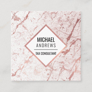 Modern Sleek Rose Gold Foil White Marble Stone Square Business Card