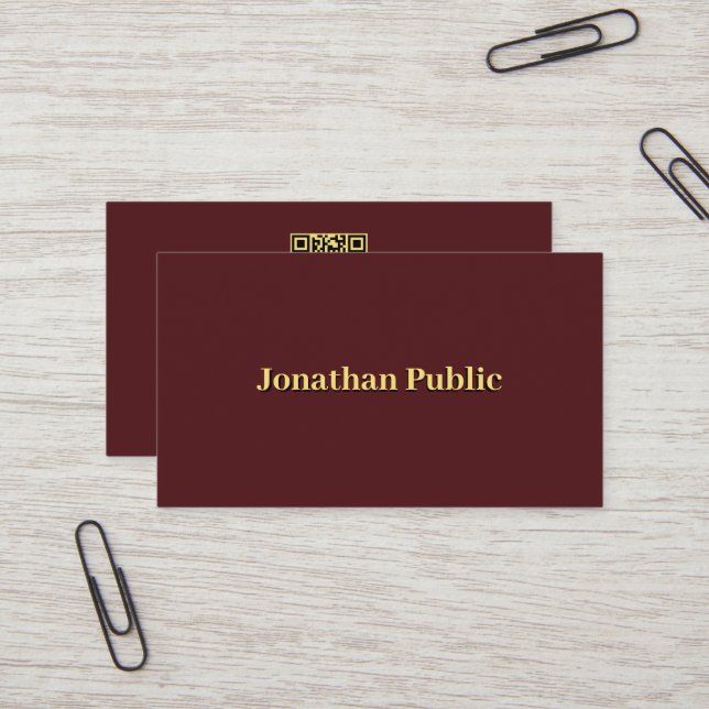 Modern Sleek Template Faux Gold Text QR Code Business Card (Front/Back In Situ)