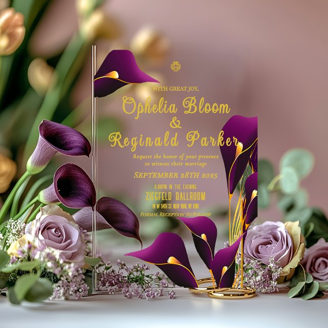 Modern Sleek Violet Purple Calla Lily Wedding  Acrylic Invitations (Sleek Modern Violet Purple Calla Lily Acrylic Wedding Invitation )