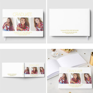 Modern Sleek White 3-Photo Graduation Guest Book